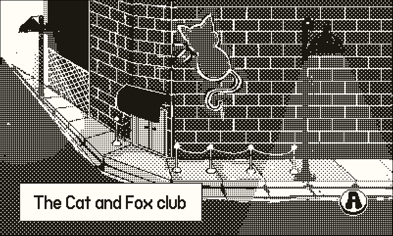 A brick building on a street corner at night, illuminated by two lamp posts. A neon sign in the shape of a cat alternates to the shape of a fox. A caption says 'The Cat and Fox club'