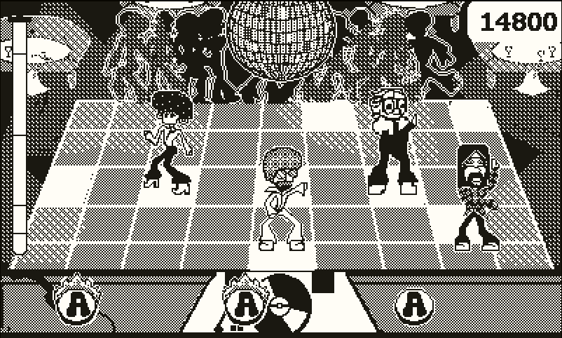 Game level taking place in a dance club. The main character is in the center, surrounded by other dancers, while the game UI shows button inputs scrolling by at the bottom, some on fire