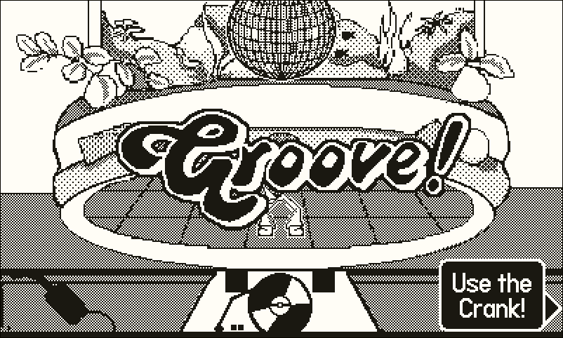 A game level taking place on a dance floor. The main character is in the center, in front of a long semi-circular couch and a big fish tank in the background, with the word 'Groove!' in front, and the Playdate's 'Use the crank!' UI widget in the lower right corner