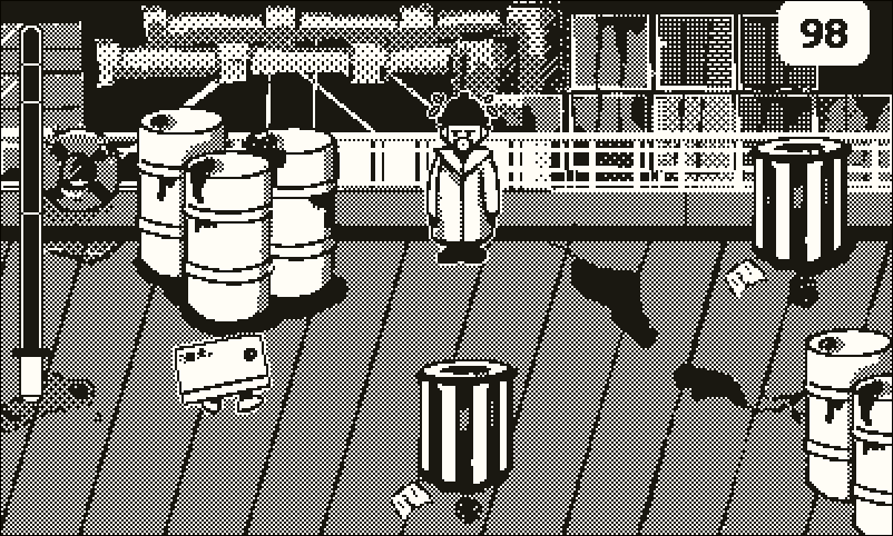 A game level taking place at the docks, with a guard suspiciously looking at a cardboard box that might or might not be moving