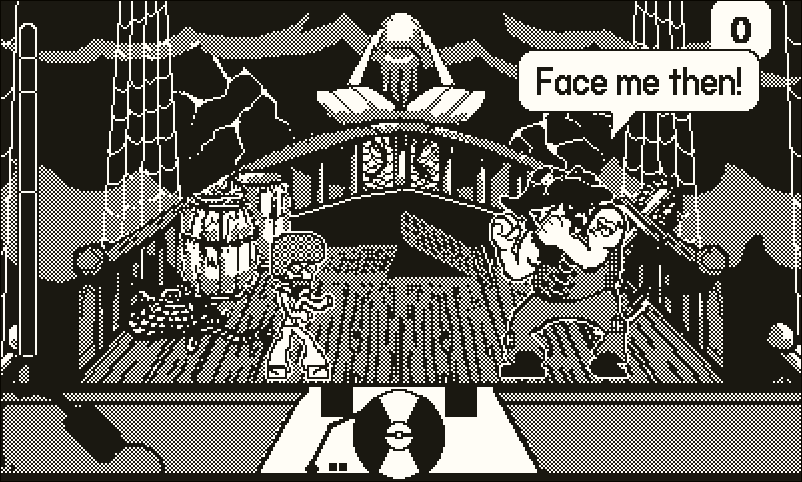 Game level taking place on a pirate ship. The main character is on the left side, facing off against a large pirate, who is on the right, as if they're about to trade blows. A speech balloon pointing to the pirate says 'Face me then!'