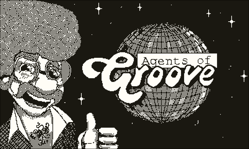 Title screen. A smiling character with a mustache, curly hair and glasses gives a thumbs up in front of a large disco ball and the stylized words 'Agents of Groove'