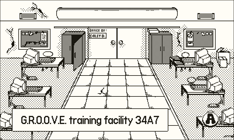 An interior scene showing a slightly run down office space with desks and computers. A caption says 'G.R.O.O.V.E. training facility 34A7...